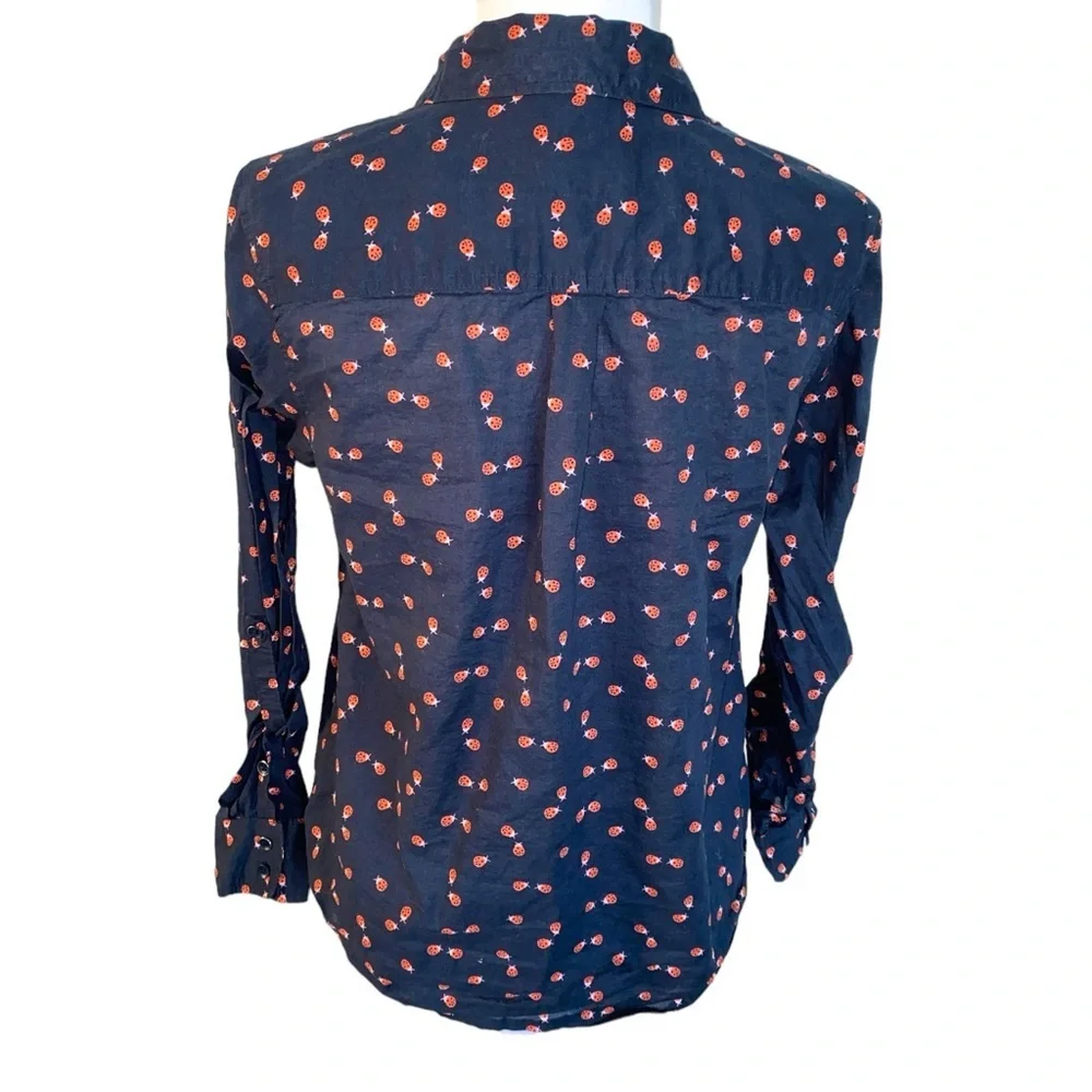 Sonoma Life & Style M Navy Blue 100% Cotton Button-Down Ladybug Print Blouse - Picture 4 of 4